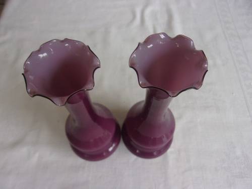 Pair of vintage hand blown opaline amethyst/ milk glass vases