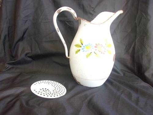 Vintage enamel jug and plughole strainer for 1 bid