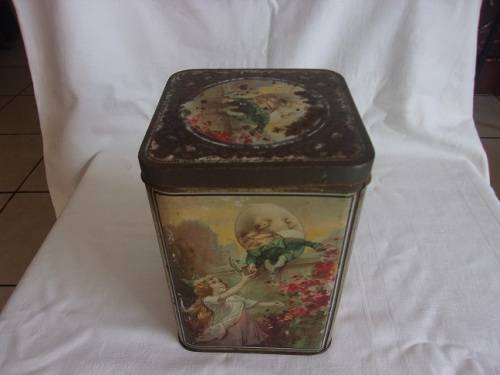 Antique Mazawattee Tea tin - depticting 4 different childrens rhymes and stories