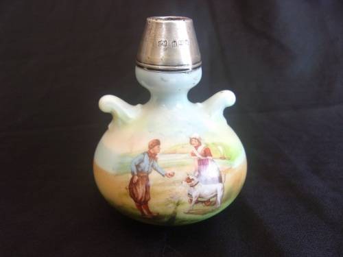 Antique atomiser and ceramic vase with Sterling silver collars