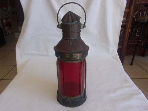 Vintage copper & brass Tung Woo ship anchor lantern with red glass