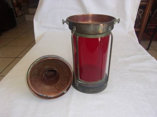Vintage copper & brass Tung Woo ship anchor lantern with red glass
