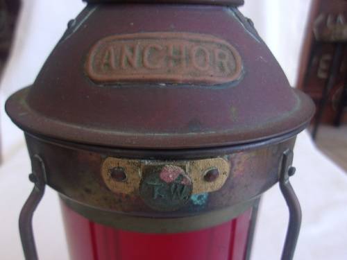 Vintage copper & brass Tung Woo ship anchor lantern with red glass