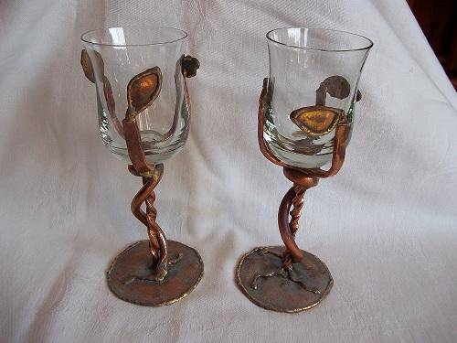 2 beautiful hand blown Ngwenya Glass wine glasses with copper & brass stems