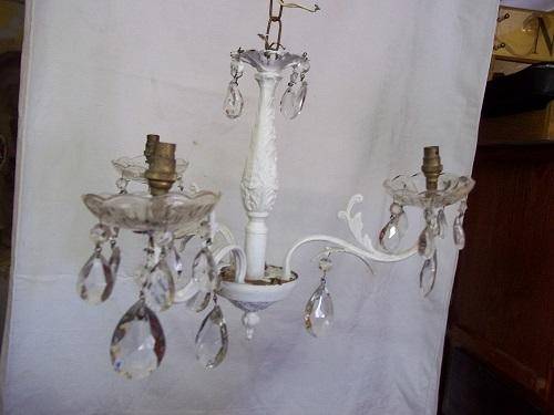 Lovely vintage 3 arm cast iron chandelier with glass shades and drops - painted white