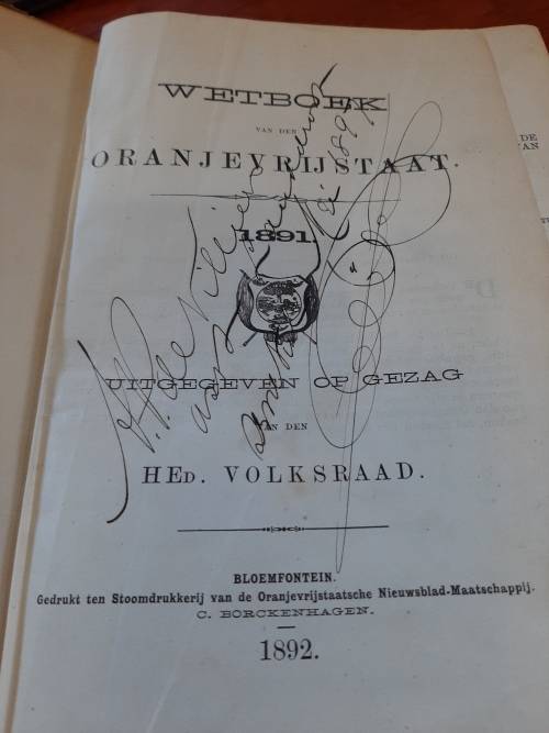 VRYSTAAT SE WETBOEK  1892    GETEKEN!