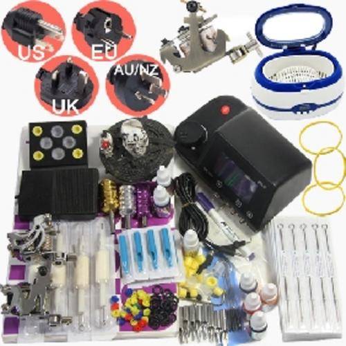 Tattoo Kit Dual LCD Power 3 Machines Guns 3 Grips 14 Inks 100 Needles & Ultrasonic Cleaner *FREE P&P