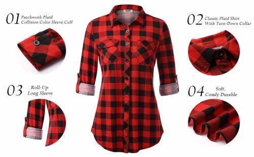 DJT Women¿s Roll Up Long Sleeve Collared Button Down Plaid Shirt-Large