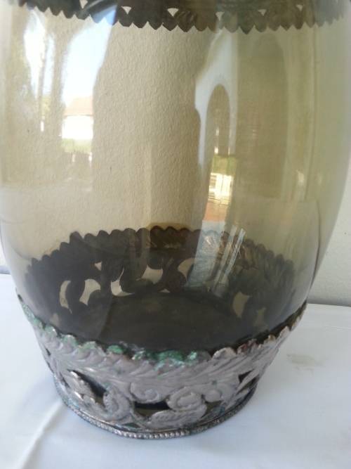 VINTAGE GREEN VASE WITH LACE PEWTER? OVERLAYS