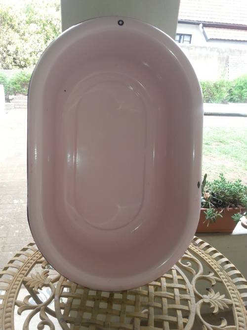RARE PINK FRENCH ENAMEL BABY BATH/ BASIN - BEAUTIFUL CONDITION