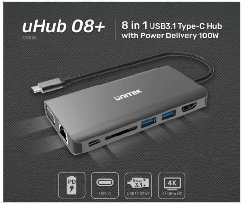 Unitek D1019A uHUB O8+ 8-in-1 Dual Display Ethernet 100W USB-C Hub