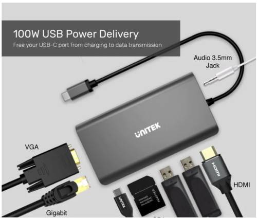 Unitek D1019A uHUB O8+ 8-in-1 Dual Display Ethernet 100W USB-C Hub