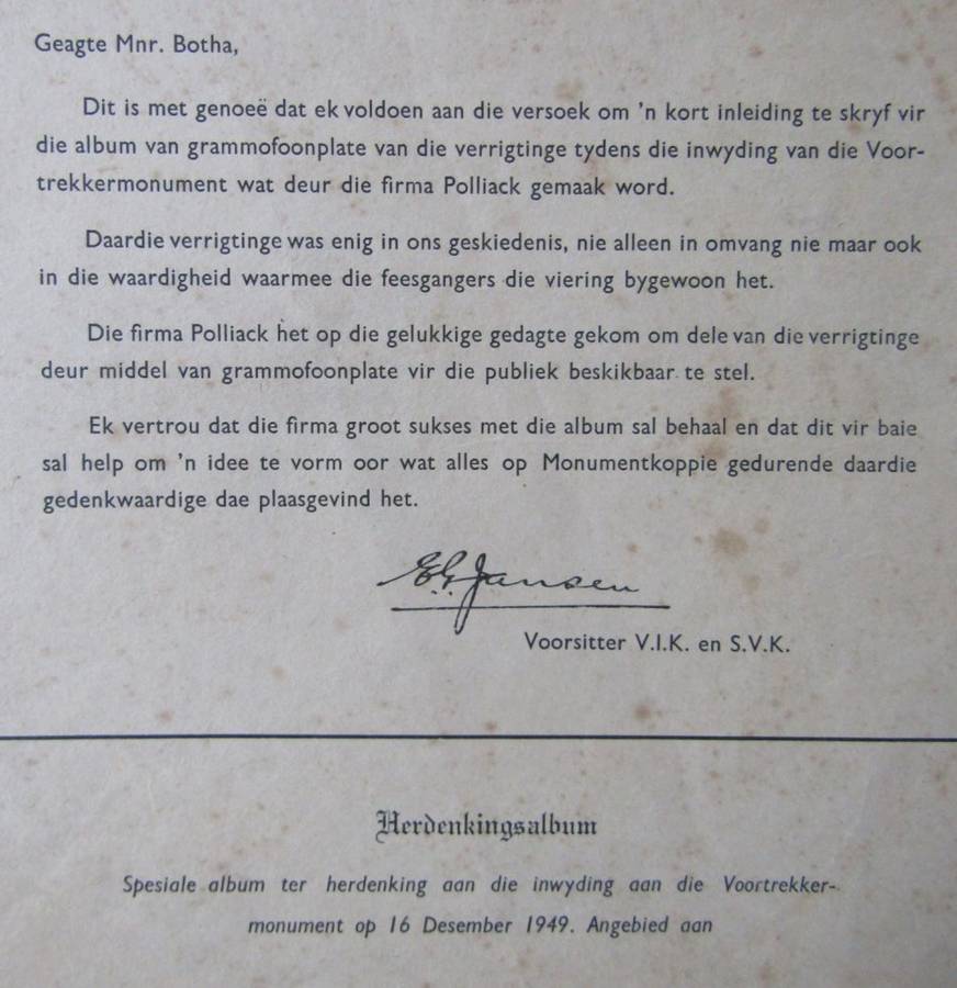 1949 Inwyding van die Voortrekker Monument Gedenk Album Met 6 Lang Speel Plate