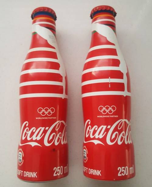 2 Coca Cola Olympic Partner Metal Bottles with Caps