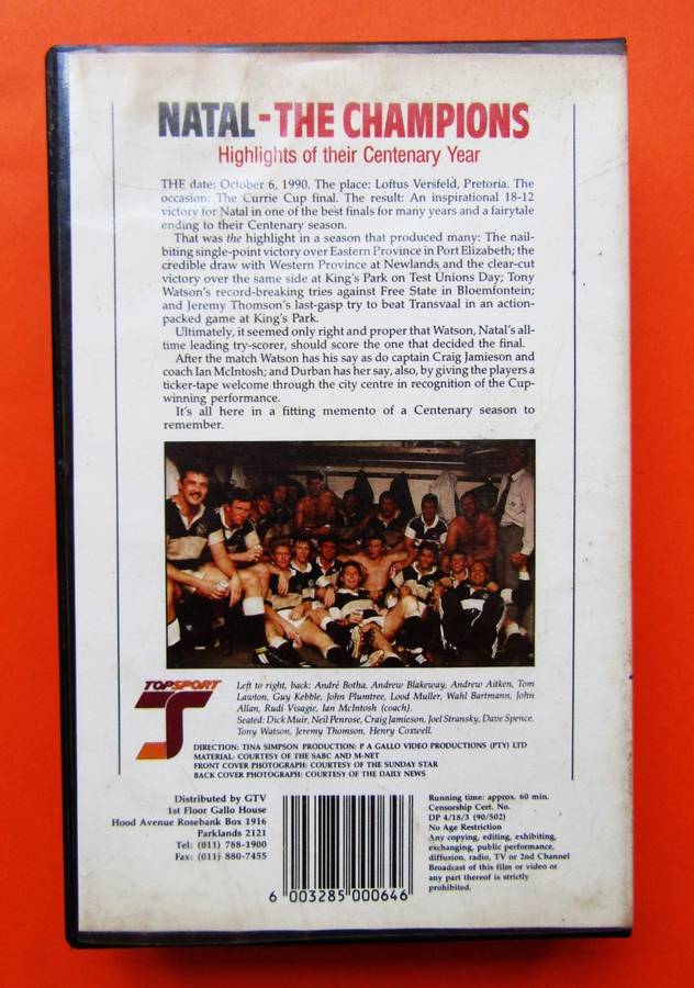 Natal - The Champions - Rugby VHS Video Tape from 1990