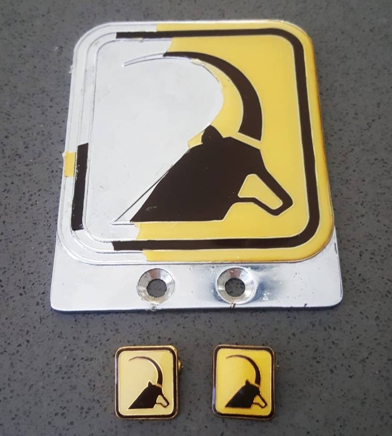 Old Car Bumper Badge (damaged) and 2 Lapel Pin Badges