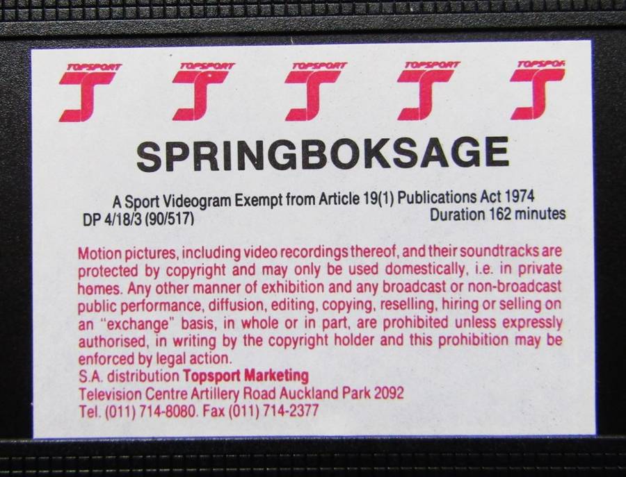 Springbok Sage - Rugby VHS Video Tape (1990)