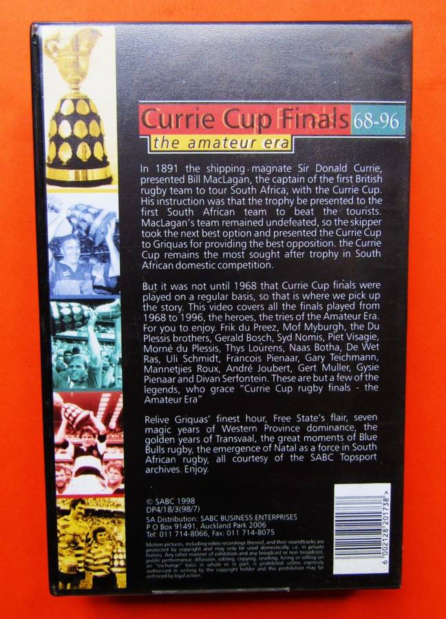 Currie Cup Finals - Rugby VHS Video Tape (1998)