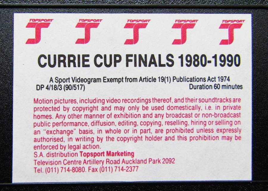 1980 - 1990 Currie Cup Finals - Rugby VHS Video Tape