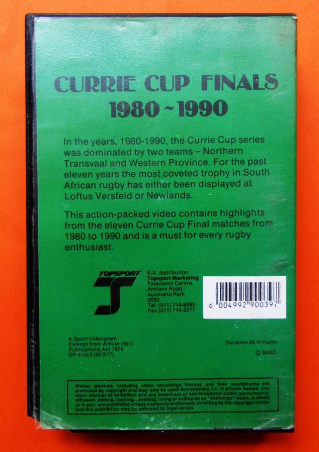 1980 - 1990 Currie Cup Finals - Rugby VHS Video Tape