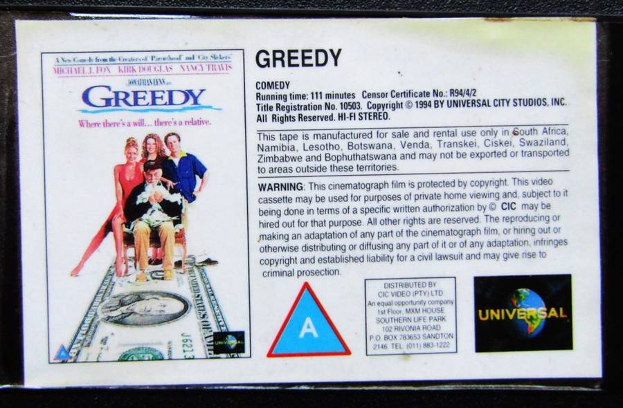 Greedy - Michael J. Fox - Movie VHS Tape (1994)