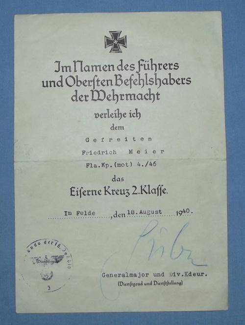 WW2 German Iron Cross 2nd Class Medal Award Document