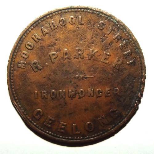 c1857 Australia 1 Penny, R. Parker, Ironmonger, Geelong, Victoria Token