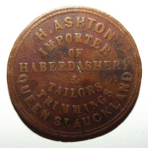 1863 New Zealand 1 Penny, H. Ashton, Haberdashery, Tailor Auckland Token