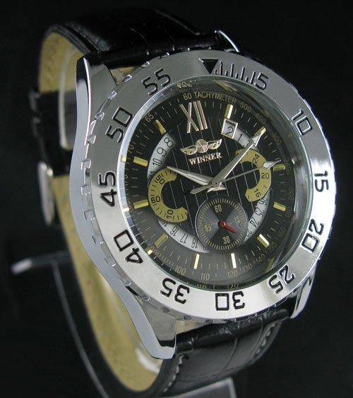 NEW WINNER TACHYMETER LUXURY BLACK DIAL AUTO MENS WATCH