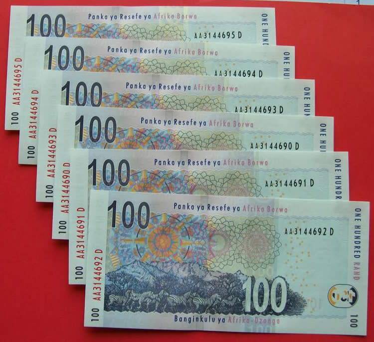 Gill Marcus - 6 X R100.00 notes - Serial No`s : AA3144690D to AA3144695D. See photos.