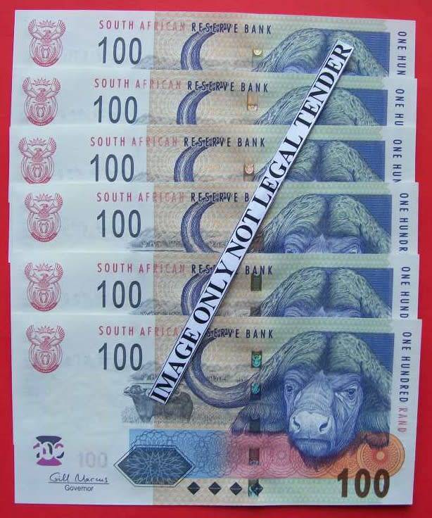 Gill Marcus - 6 X R100.00 notes - Serial No`s : AA3144690D to AA3144695D. See photos.