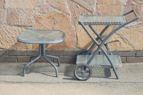 AN AWESOME AND WELL MADE METAL PATIO DRINKS TABLE SET INCLUDING A MOBILE DRINKS TROLLEY
