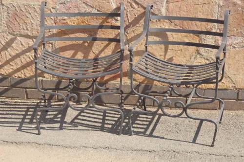2x SUPERBLY MADE AND SOLIDLY BUILT WROUGHT IRON "CARVER" STYLE DINING CHAIRS bid/chair