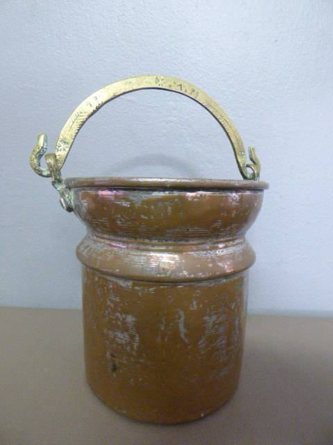 A LOVELY ANTIQUE METAL POT WITH A HAND FORGED BRASS HANDLE! STUNNING ON DISPLAY!!