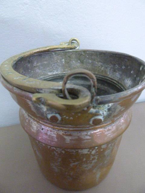 A LOVELY ANTIQUE METAL POT WITH A HAND FORGED BRASS HANDLE! STUNNING ON DISPLAY!!