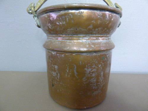 A LOVELY ANTIQUE METAL POT WITH A HAND FORGED BRASS HANDLE! STUNNING ON DISPLAY!!