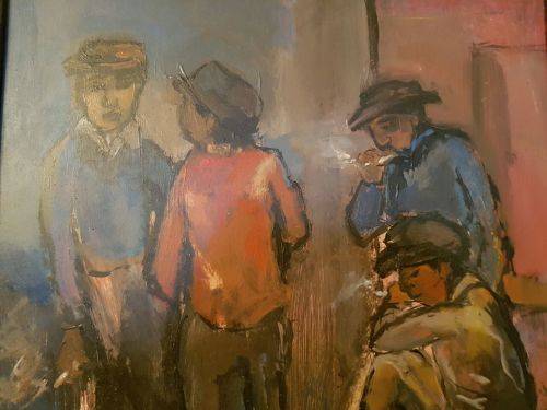 AN EXQUISITE ORIGINAL FRAMED KENNETH BAKER (1921 - 1996) OIL ON BOARD PAINTING TITLED "SMOKE BREAK"