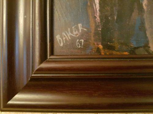 AN EXQUISITE ORIGINAL FRAMED KENNETH BAKER (1921 - 1996) OIL ON BOARD PAINTING TITLED "SMOKE BREAK"