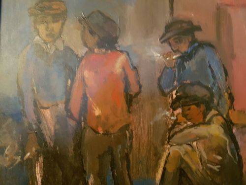 AN EXQUISITE ORIGINAL FRAMED KENNETH BAKER (1921 - 1996) OIL ON BOARD PAINTING TITLED "SMOKE BREAK"