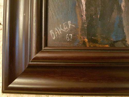 AN EXQUISITE ORIGINAL FRAMED KENNETH BAKER (1921 - 1996) OIL ON BOARD PAINTING TITLED "SMOKE BREAK"