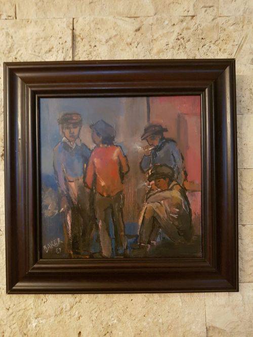 AN EXQUISITE ORIGINAL FRAMED KENNETH BAKER (1921 - 1996) OIL ON BOARD PAINTING TITLED "SMOKE BREAK"