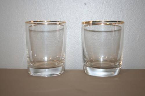 TWO FABULOUS GOLD RIMMED DRINKING GLASSES, IN STUNNING CONDITION = GREAT COCKTAIL GLASSES