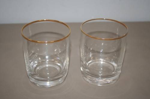 TWO FABULOUS GOLD RIMMED DRINKING GLASSES, IN STUNNING CONDITION = GREAT COCKTAIL GLASSES