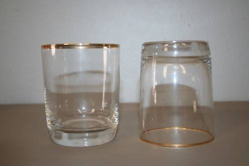 TWO FABULOUS GOLD RIMMED DRINKING GLASSES, IN STUNNING CONDITION = GREAT COCKTAIL GLASSES