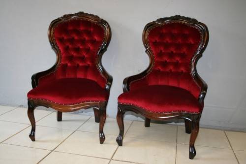 TWO SPECTACULAR ANTIQUE VICTORIAN ROSEWOOD LADIES PARLOUR CHAIRS w/ DEEP BUTTON DETAILING bid/chair