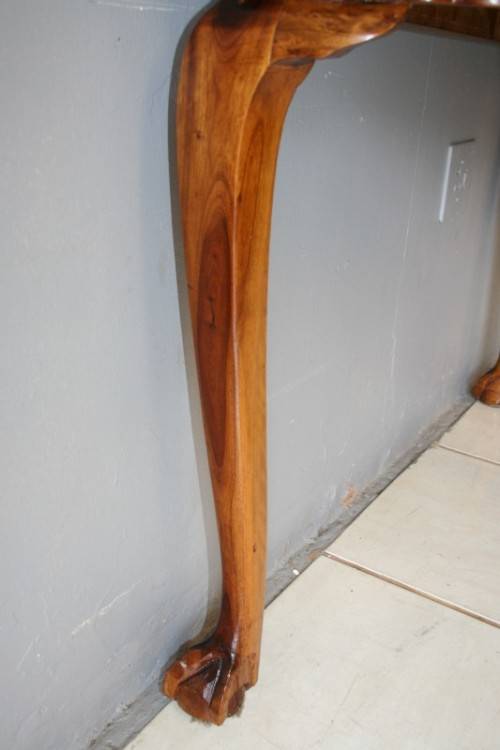 AN INCREDIBLE ANTIQUE (LARGE) SOLID "GOLDEN" IMBUIA BALL & CLAW HALF MOON DISPLAY/OCCASIONAL TABLE