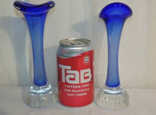 **RS17** A pair of Swedish made "Aseda Glasbruk" blue bone ''jack in the pulpit'' hand blown vases