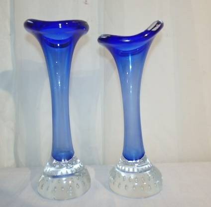 **RS17** A pair of Swedish made "Aseda Glasbruk" blue bone ''jack in the pulpit'' hand blown vases