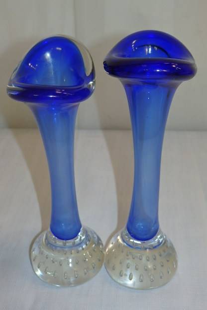 **RS17** A pair of Swedish made "Aseda Glasbruk" blue bone ''jack in the pulpit'' hand blown vases