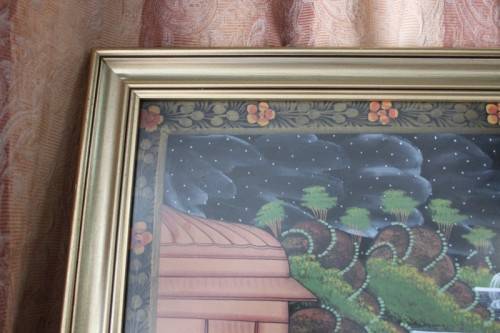 A STUNNING LARGE (1.5m x 1m) PAINTING OF THE HINDU GOD KRISHNA PLAYING THE FLUTE IN A GARDEN